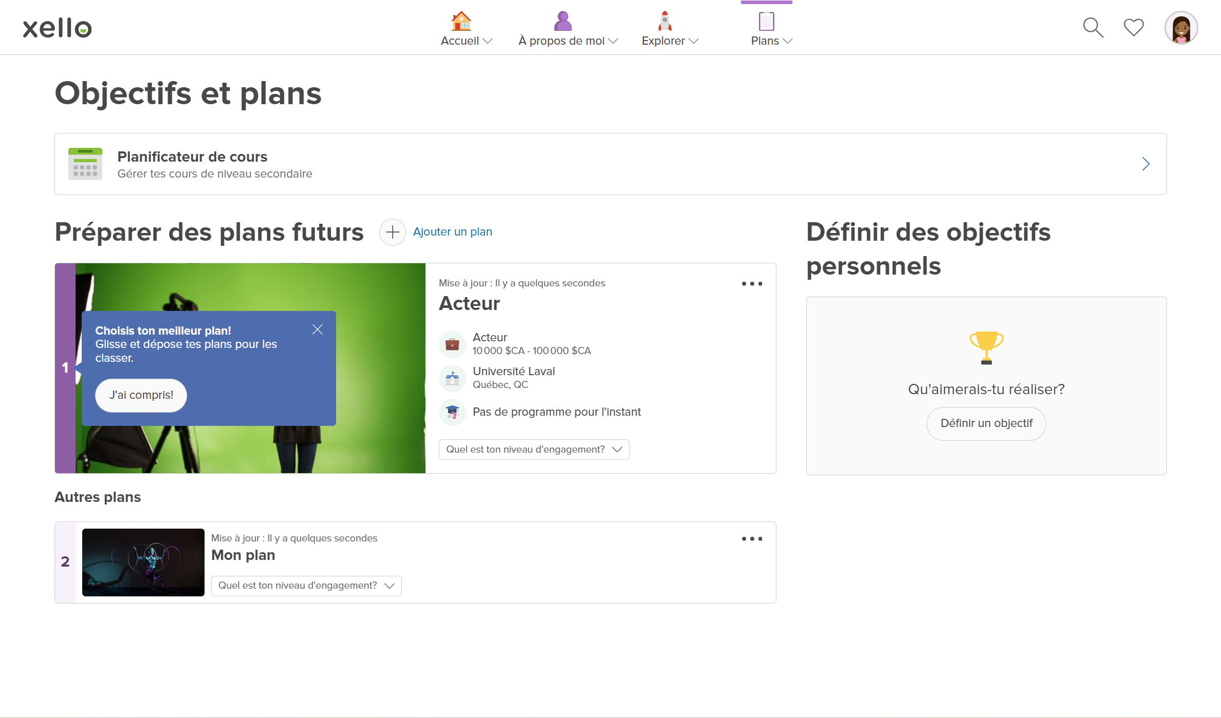 Click to enlarge Student account in Xello on the Goals & Plans page. There are two plans. One has a prompt on it that says, "Drag and drop your plans to rank them."